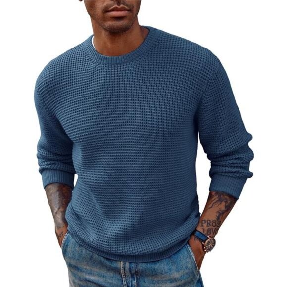 Mens Crewneck Pullover Sweater Waffle Textured Long Sleeve - Picture 1 of 5